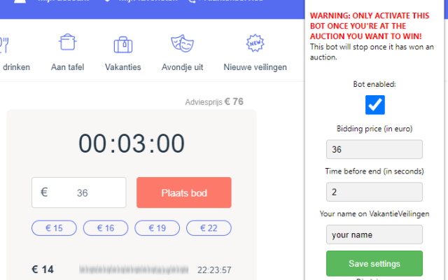 VakantieVeilingen Auto Bidder  from Chrome web store to be run with OffiDocs Chromium online