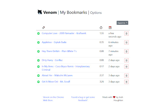 Venom: Instant Music Bookmarker  from Chrome web store to be run with OffiDocs Chromium online