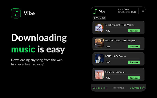 Vibe professional music downloader  from Chrome web store to be run with OffiDocs Chromium online