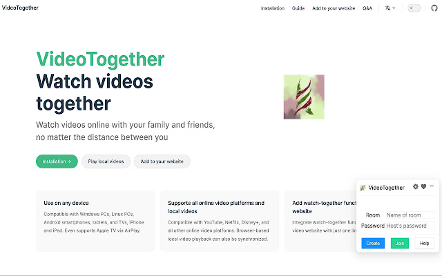 VideoTogether  from Chrome web store to be run with OffiDocs Chromium online