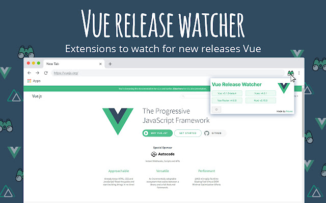 Vue release watcher  from Chrome web store to be run with OffiDocs Chromium online