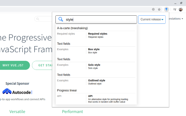 Vuetify Search Documentation  from Chrome web store to be run with OffiDocs Chromium online