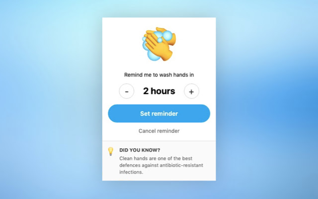 Wash Your Hands Reminder from Chrome web store to be run with OffiDocs Chromium online Wash Your Hands Reminder from Chrome web store to be run with OffiDocs Chromium online