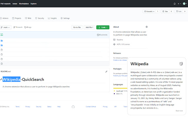 Wikipedia QuickSearch  from Chrome web store to be run with OffiDocs Chromium online