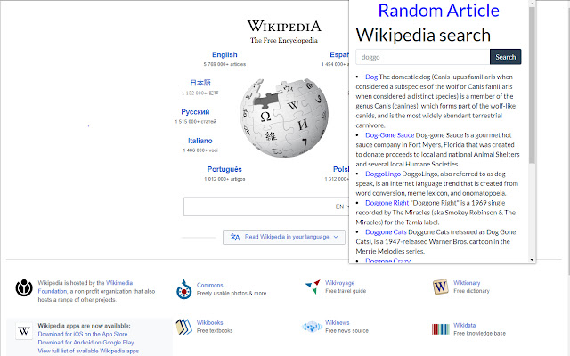 Wikipedia search  from Chrome web store to be run with OffiDocs Chromium online