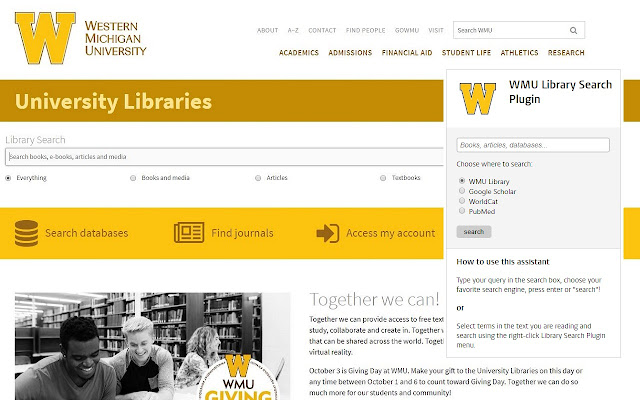 Plugin Pencarian Perpustakaan WMU dari toko web Chrome akan dijalankan dengan OffiDocs Chromium online