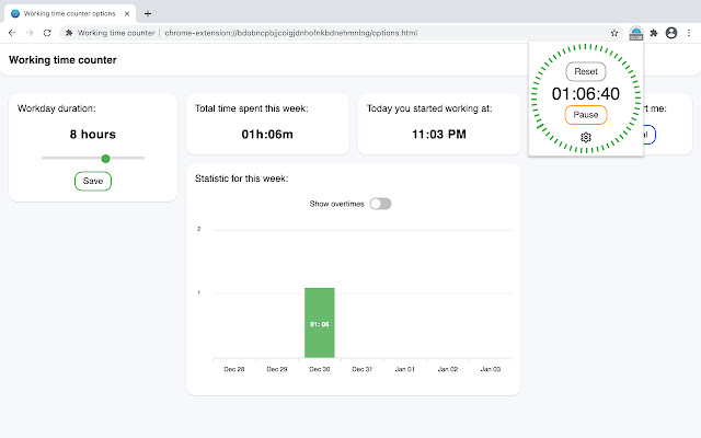 Working time counter  from Chrome web store to be run with OffiDocs Chromium online