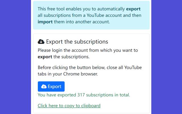 YouTube Subscription Exporter  Importer  from Chrome web store to be run with OffiDocs Chromium online