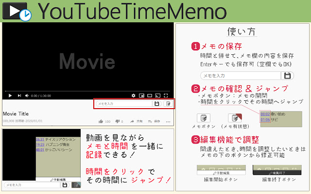 YouTubeTimeMemo  from Chrome web store to be run with OffiDocs Chromium online