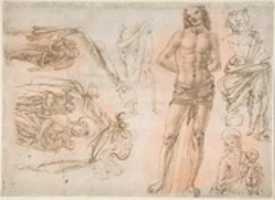 Free download Sketches of Figures of the Virgin Kneeling, Saint Peter Standing, Seated Allegorical Figures of Faith and Charity, and Child Standing on a Corbel (?) (recto); Sketches of Figures of Saint Sebastian Standing and the Virgin and Child with Angels (verso) free photo or picture to be edited with GIMP online image editor