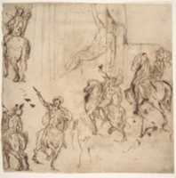 Free download Studies of Horsemen and Study of a Figure for a Deposition (recto); Sketch for an Entablature (verso) free photo or picture to be edited with GIMP online image editor