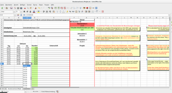 Free download Stundennachweis: Dokumentation der taeglichen Arbeitszeit nach Paragraf 17 MiLoG und Paragraf 2a Schwarzarbeitsbekaempfungsgesetz DOC, XLS or PPT template free to be edited with LibreOffice online or OpenOffice Desktop online