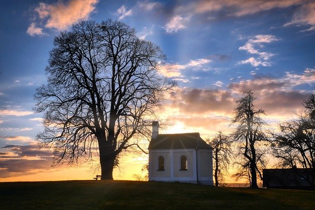 Free download sunset clouds chapel tree march free picture to be edited with GIMP free online image editor