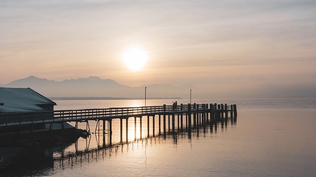 Free download sunset lake mountains bridge jetty free picture to be edited with GIMP free online image editor