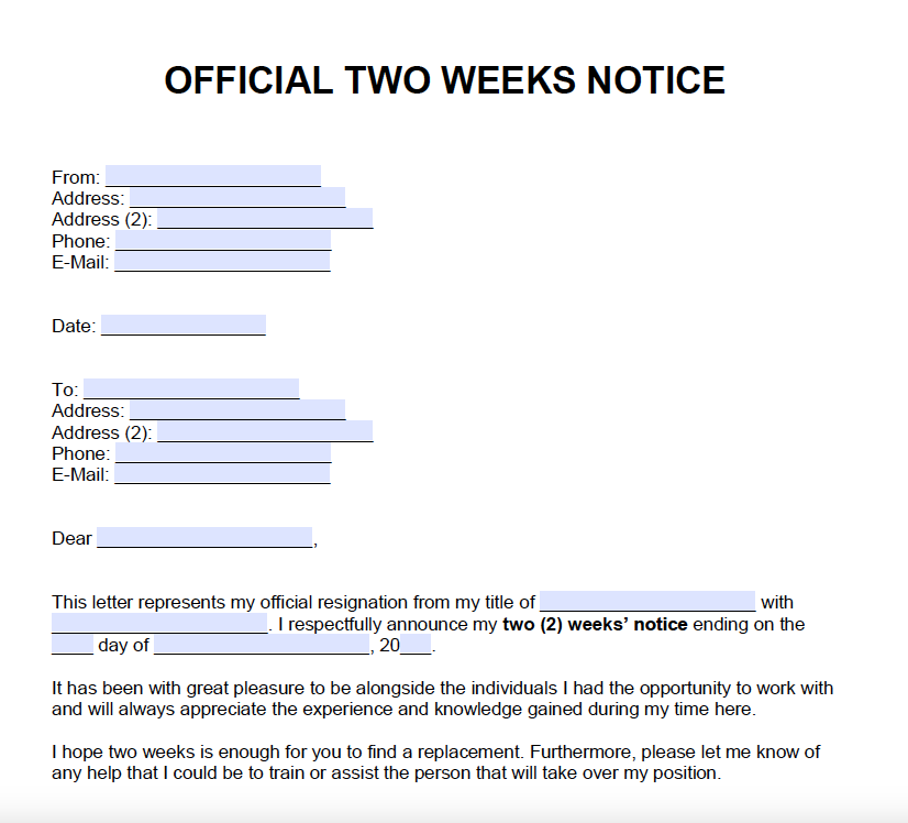 Two Weeks Notice Letter