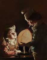 Free download Two Boys Blowing A Bladder By Candlelight - Joseph Wright of Derby free photo or picture to be edited with GIMP online image editor