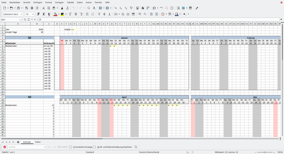 Free template Urlaubsplaner (Holiday/Vacation planning tool) valid for LibreOffice, OpenOffice, Microsoft Word, Excel, Powerpoint and Office 365