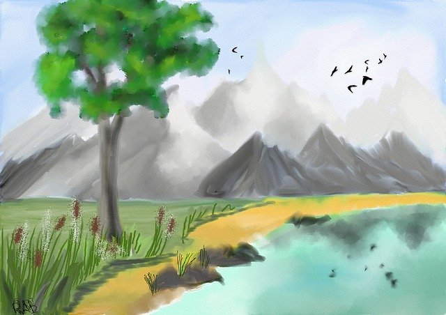 Free download Watercolour Mountains Lake -  free illustration to be edited with GIMP free online image editor