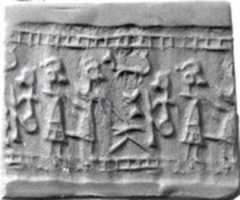 Free download Cylinder seal and modern impression: figure seated at a table approached by two other figures free photo or picture to be edited with GIMP online image editor