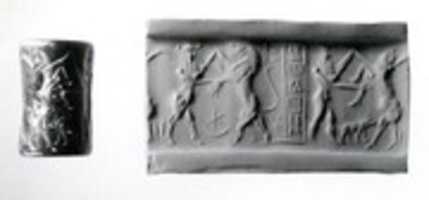 Free download Cylinder seal and modern impression: nude bearded hero wrestling with a water buffalo; bull-man wrestling with lion free photo or picture to be edited with GIMP online image editor