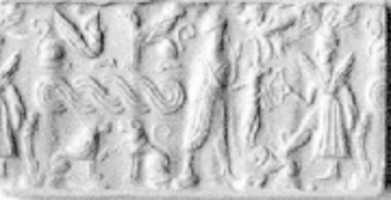 Free download Cylinder seal and modern impression: offering bearer before winged deity; terminal: sphinxes, guilloche, lions free photo or picture to be edited with GIMP online image editor