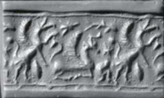 Free download Cylinder seal and modern impression: rampant winged monster behind a kneeling winged bull free photo or picture to be edited with GIMP online image editor