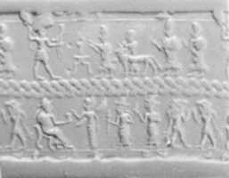 Free download Cylinder seal and modern impression: royal figures approaching weather god; divinities free photo or picture to be edited with GIMP online image editor