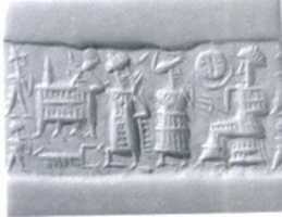 Free download Cylinder seal and modern impression: seated figure approached by a goddess leading a worshiper free photo or picture to be edited with GIMP online image editor