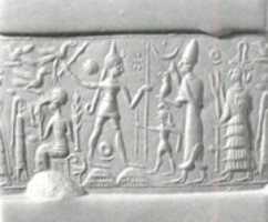 Free download Cylinder seal and modern impression: smiting weather god before king and goddess free photo or picture to be edited with GIMP online image editor