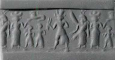 Free download Cylinder seal and modern impression: war goddess flanked by goddesses with Egyptian-style sun-disk headdress and vertical wings free photo or picture to be edited with GIMP online image editor