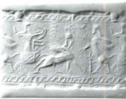 Free download Cylinder seal: archer in a sphinx-drawn chariot attacking a rampant sphinx free photo or picture to be edited with GIMP online image editor