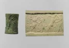 Free download Cylinder seal:  bull-man combatting lion; nude hero combatting water buffalo; inscription free photo or picture to be edited with GIMP online image editor