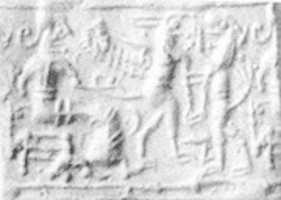 Free download Cylinder seal: confronted upright lion and griffin before a seated figure free photo or picture to be edited with GIMP online image editor