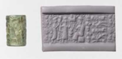 Free download Cylinder seal: goddess leading a worshiper to a seated deity; bull god free photo or picture to be edited with GIMP online image editor