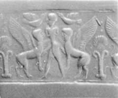 Free download Cylinder seal: human figure flanked by sphinxes, birds free photo or picture to be edited with GIMP online image editor