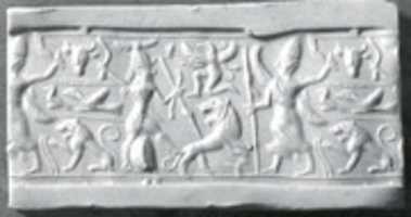 Free download Cylinder seal: hunter spearing a lion before deity with staff free photo or picture to be edited with GIMP online image editor