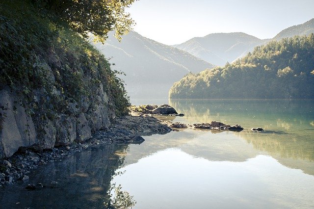 Free download lake rocks shore water fall free picture to be edited with GIMP free online image editor