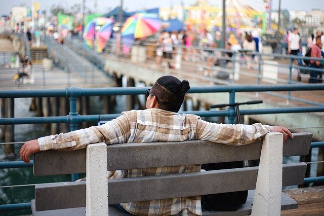 Free download man pier sea bench sitting crowd free picture to be edited with GIMP free online image editor