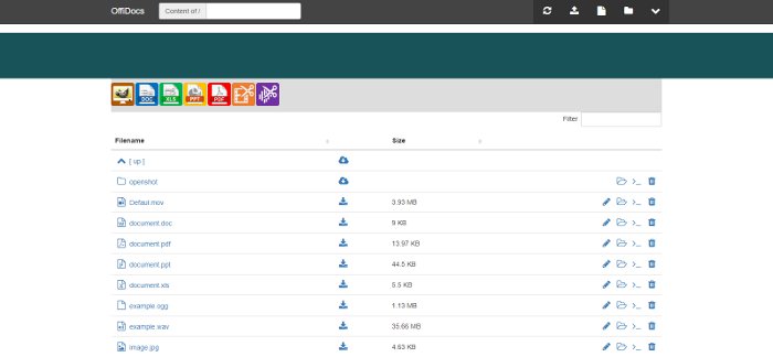 OffiDocs File manager with buttons to create any kind of file: pdf, doc, ppt, images, audio, video