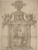 Free download Ornamental Drawing, with St. John the Evangelist Seated in a Columned Niche, with Two Putti free photo or picture to be edited with GIMP online image editor