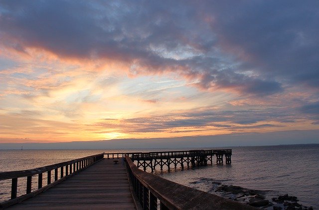 Free download pier bay sunrise clouds sky water free picture to be edited with GIMP free online image editor