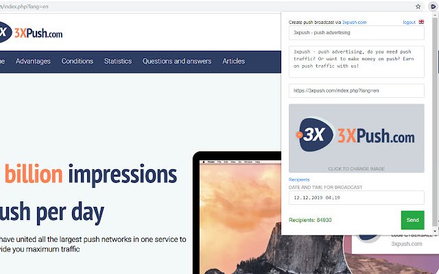 3xpush Send Push to your subscribers  from Chrome web store to be run with OffiDocs Chromium online
