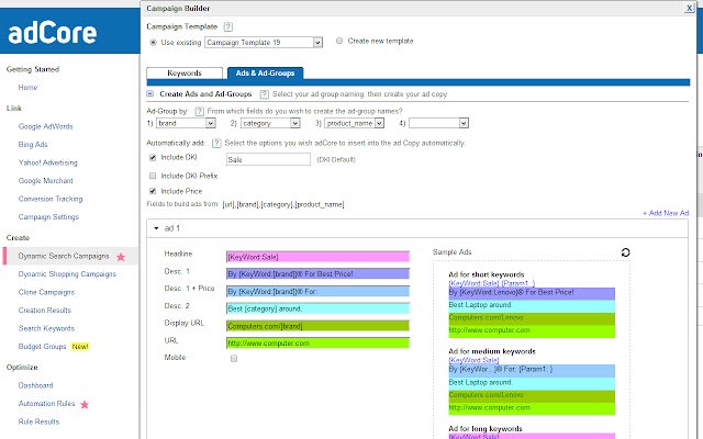 adCore FREE AdWords PPC Software  from Chrome web store to be run with OffiDocs Chromium online