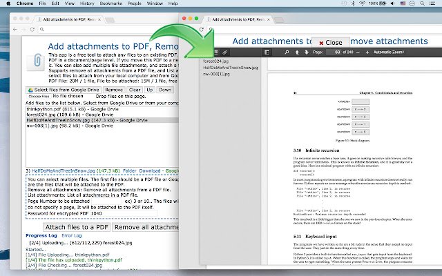 Add attachments to PDF, Remove attachments  from Chrome web store to be run with OffiDocs Chromium online