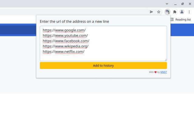 Add URL to History  from Chrome web store to be run with OffiDocs Chromium online