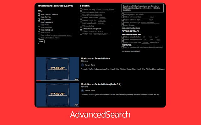 AdvancedSearch für YouTube aus dem Chrome Web Store zur Ausführung mit OffiDocs Chromium online