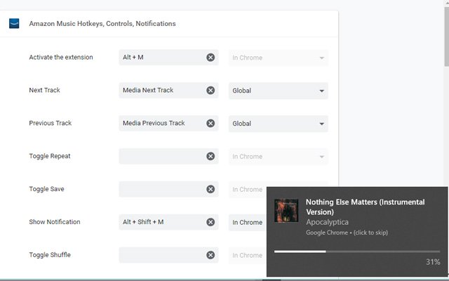 Amazon Music Hotkeys, Controls, Notifications  from Chrome web store to be run with OffiDocs Chromium online