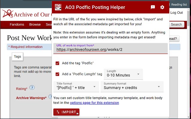 AO3 Podfic Posting Helper  from Chrome web store to be run with OffiDocs Chromium online