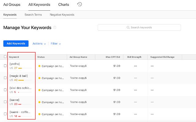 Apple Search Ads Keyword Popularity Viewer uit de Chrome Web Store, uit te voeren met OffiDocs Chromium online