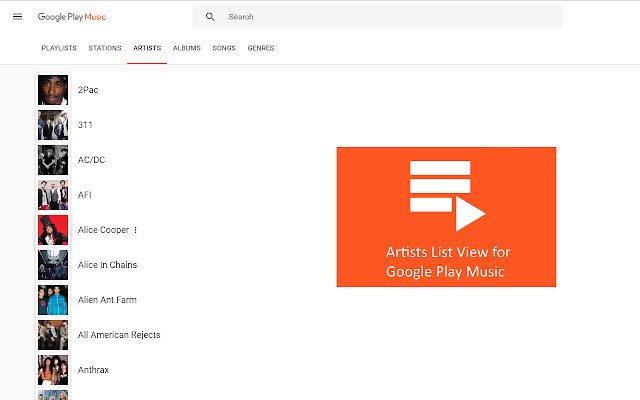 Artists List View for Google Play Music  from Chrome web store to be run with OffiDocs Chromium online